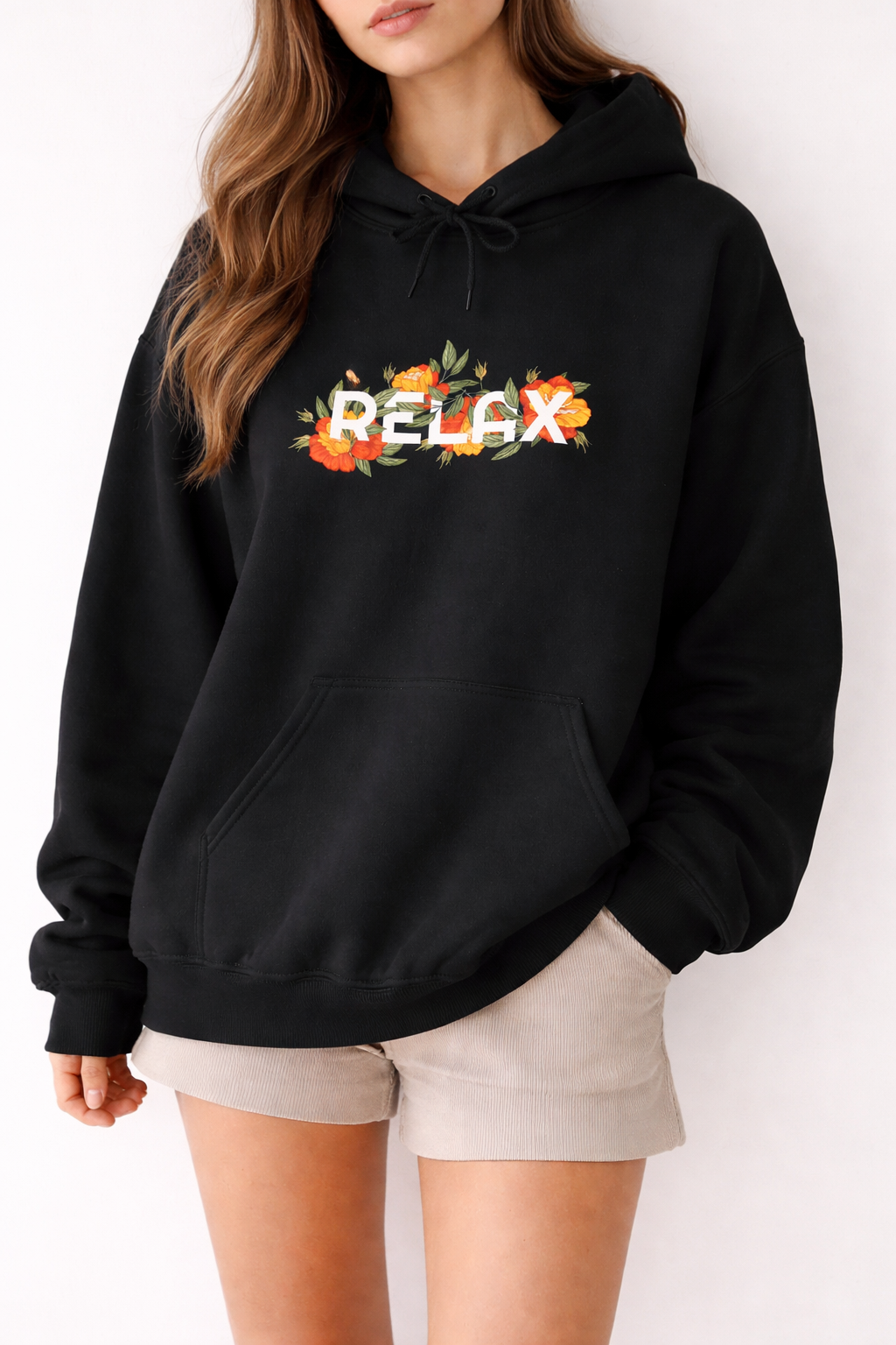 Relax Floral Hoodie — Cozy White Sweatshirt with Autumn Flower Design