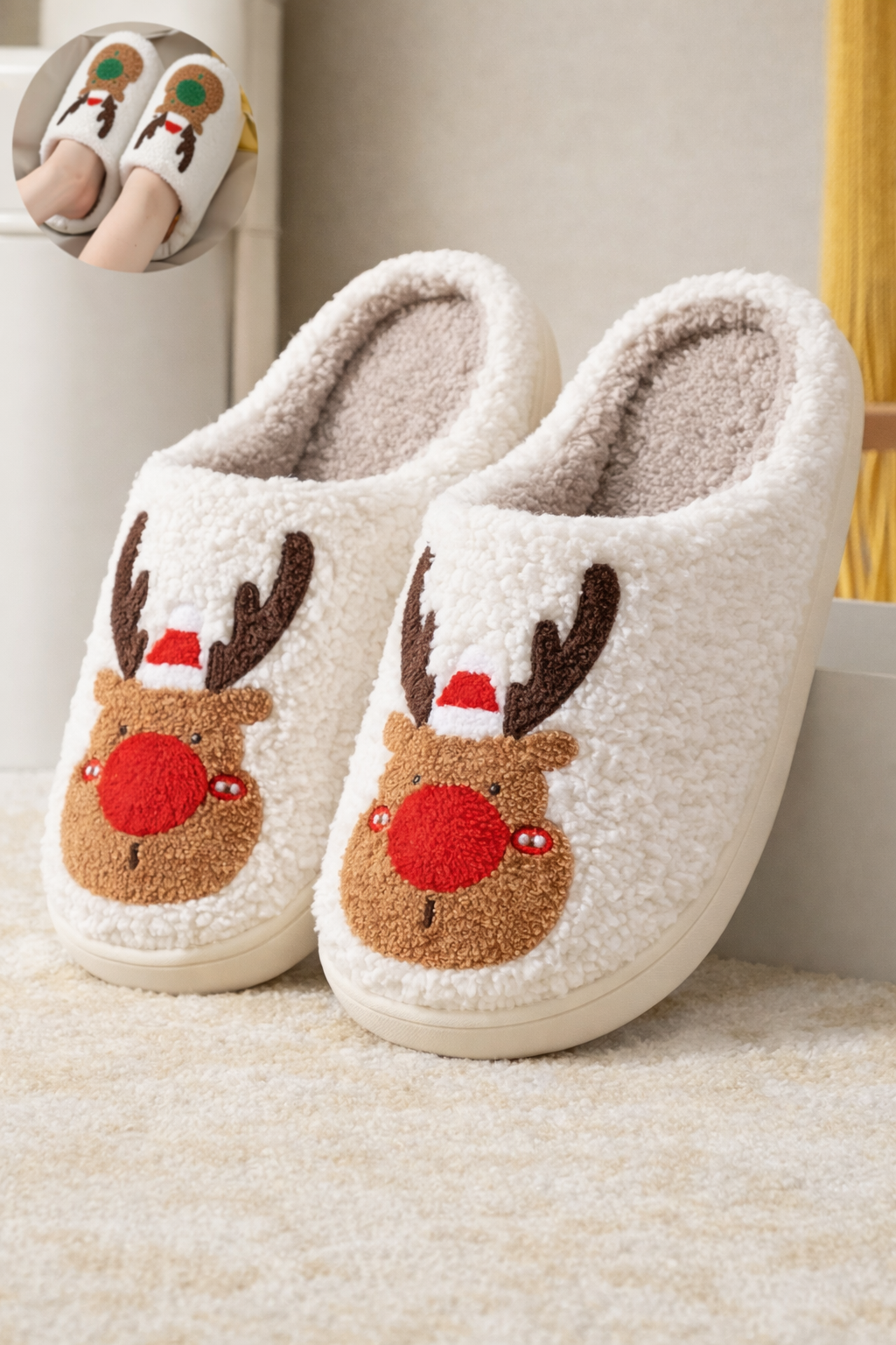 Christmas Winter Home Slippers | Elk Design Soft Cozy Slip-On House Shoes
