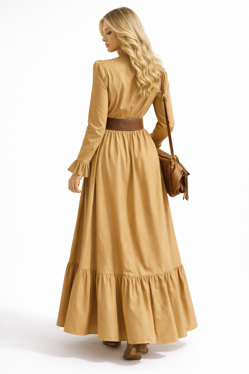 Retro V-Neck Fitted Waist Long Dress | Flared Sleeve Elegant Maxi Dress