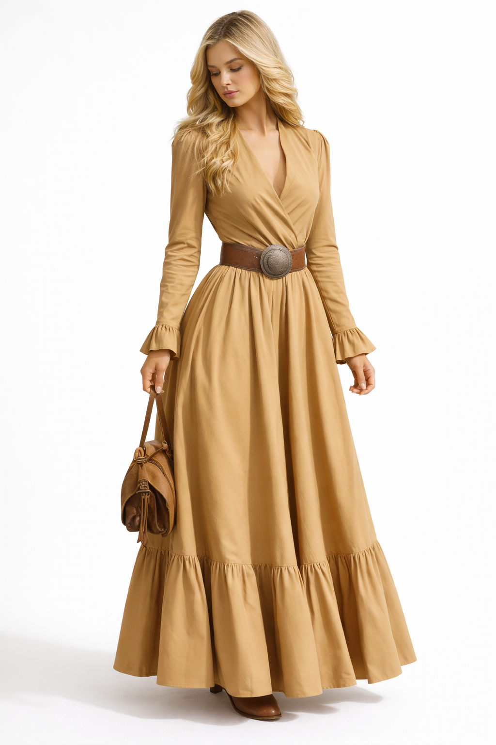 Retro V-Neck Fitted Waist Long Dress | Flared Sleeve Elegant Maxi Dress